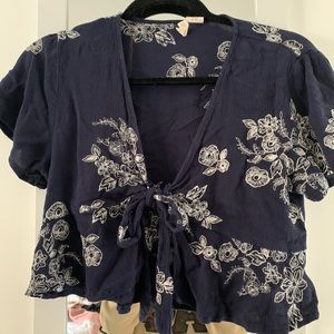 Super cute blue and white embroidered wrap top